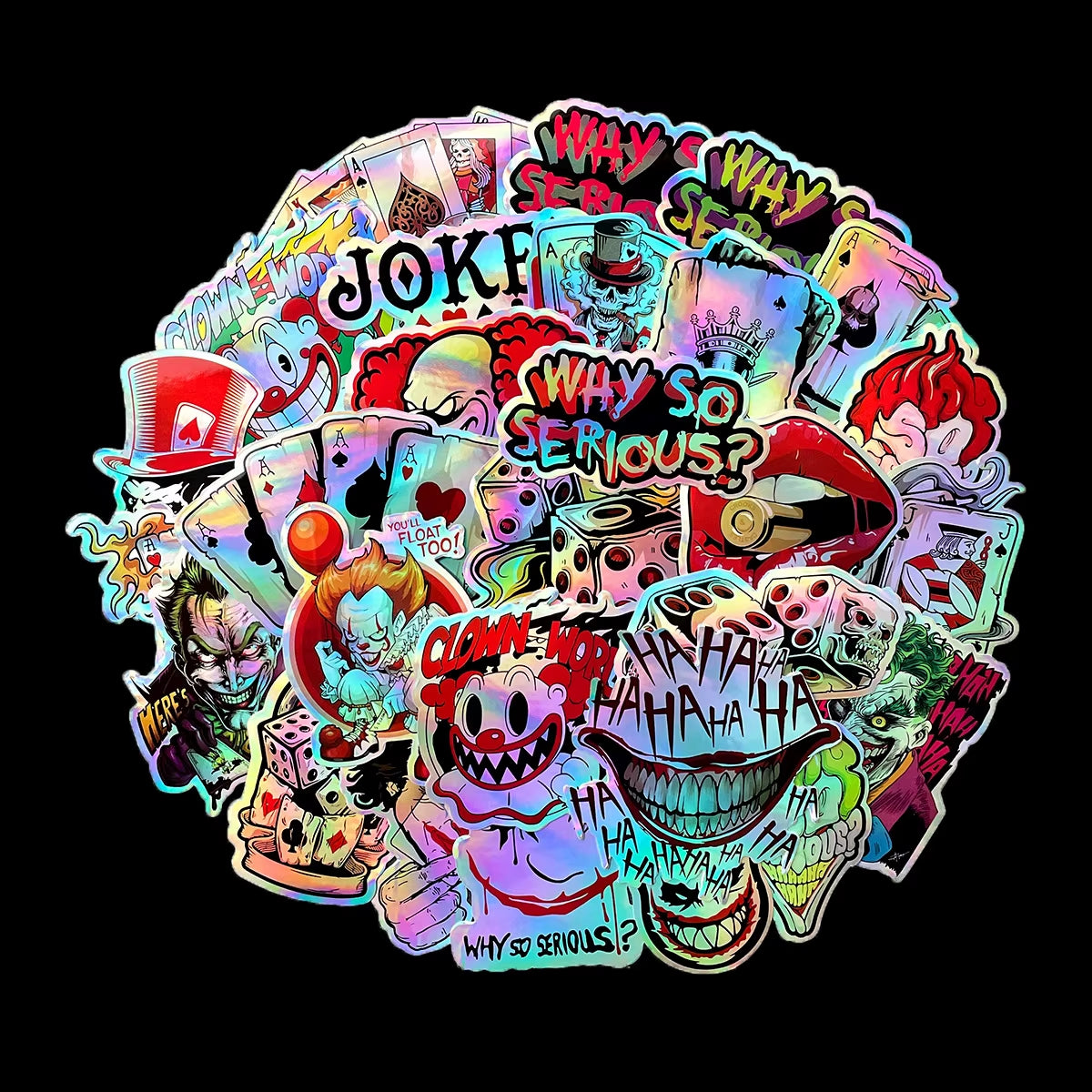 30Pcs/Lot Random Joker Graphic Laser Rainbow Motorcycle Stickers Auto Car Moto Bike Scooter Helmet Fuel Tank Accessories Decals
